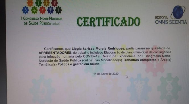 Município de Viçosa/RN, foi representado no Congresso Norte – Nordeste de Saúde Pública