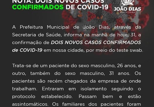 A Prefeitura Municipal de João Dias/RN, através da Secretaria de Saúde, informou a confirmação de DOIS NOVOS CASOS CONFIRMADOS de COVID-19 na cidade