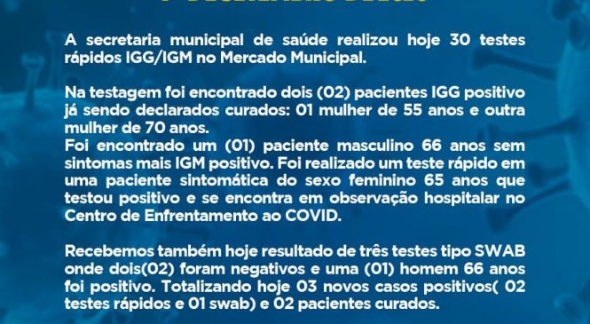 A Secretaria Municipal de Saúde de Rafael Godeiro/RN, realizou neste dia 30 (trinta), vários testes rápidos IGG/IGM no Mercado Municipal da cidade