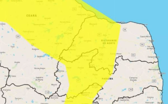 Inmet alerta para chuvas intensas em 91 municípios do RN