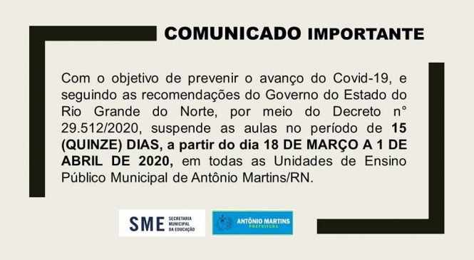 Em prevenção ao avanço do COVID-19, governo Jorge Fernandes de Antônio Martins/RN, suspende aulas da rede municipal de Ensino.