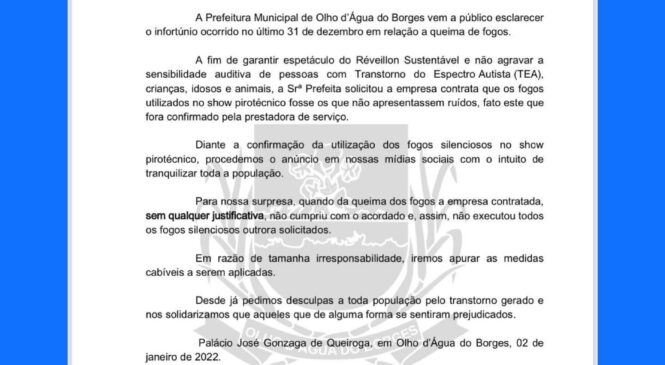 Prefeitura de Olho D’água do Borges emite nota de esclarecimento à população a respeito de queima de fogos do réveillon