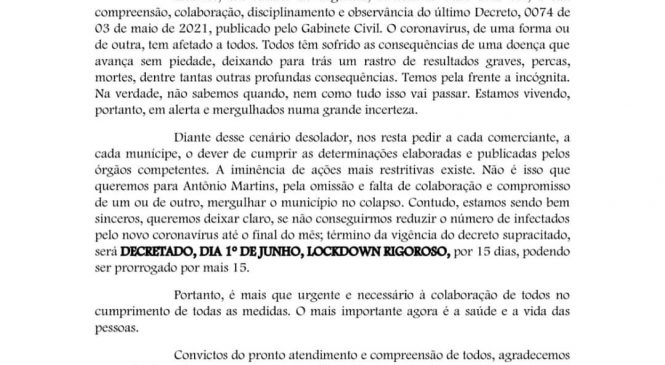 O prefeito de Antônio Martins, Jorge Fernandes, e o secretário de Saúde, Dr. Eudes Mesquita, publicaram comunicado conjunto, solicitando colaboração da população no sentido de seguir as medidas de contenção contra o avanço da Covid-19