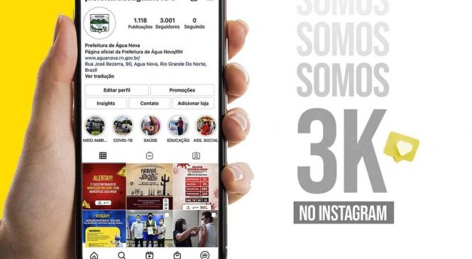 Criado há 2 anos, o perfil do Instagram da Prefeitura de Água Nova/RN, alcançou na quinta-feira, do dia 17, a marca de 3 mil seguidores