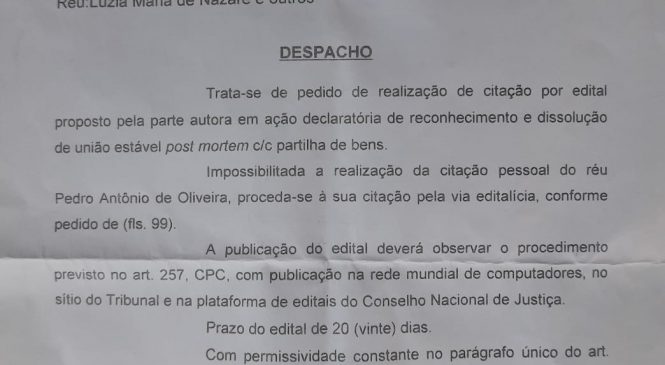 Cidadã de Rodolfo Fernandes/RN, Maria da Conceição Pereira, torna publico despacho que trata de pedido de realização de citação por edital